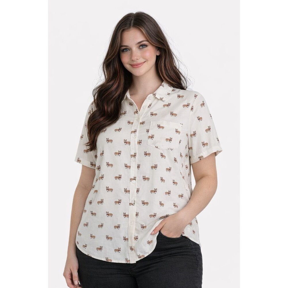 Torrid Corgi Print Button Up Blouse Size 2 Cream Short Sleeve Cute Dogs